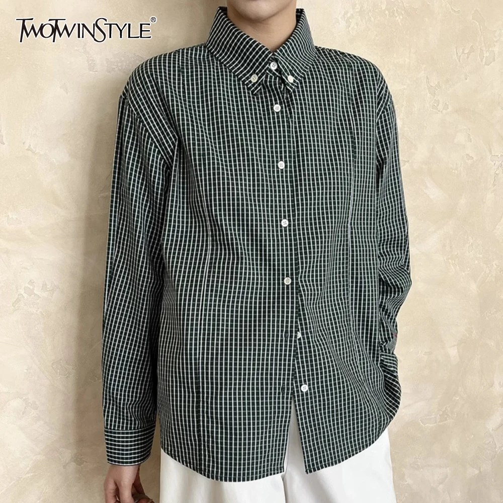 TWOTWINSTYLE Check Loose Casual Blouses for Women Lapel Long Sleeve Soliced Button Chic Shirts Female Fashion Style
TWOTWINSTYLE Check Loose Casual Blouses for Women Lapel Long Sleeve Soliced Button Chic Shirts Female Fashion Style
