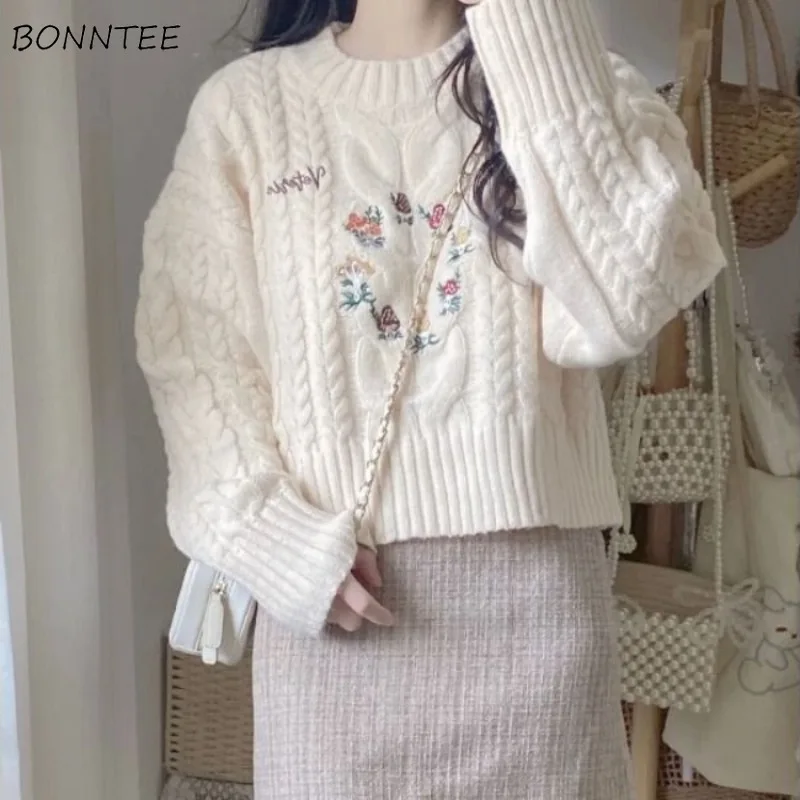 Pullovers Women Floral Embroidery Long Sleeve O-neck Knitting Tops Keep Warm Fluffy Sweet All-match Sweaters Loose-fit Fashion
Pullovers Women Floral Embroidery Long Sleeve O-neck Knitting Tops Keep Warm Fluffy Sweet All-match Sweaters Loose-fit Fashion