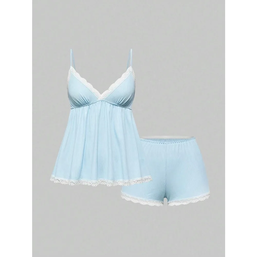 Ribbed Lace Camisole & Shorts Casual Pajama Set
Ribbed Lace Camisole & Shorts Casual Pajama Set