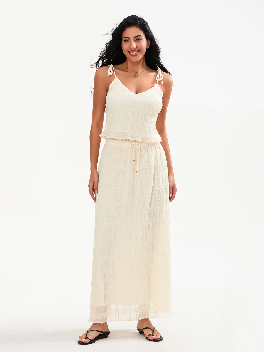 Boho Summer 2 Piece Vest Skirt Sets Womens Tied Straps Shirred V Neck Crop Tops with Drawstring Long Skirt Beach Outfit
Boho Summer 2 Piece Vest Skirt Sets Womens Tied Straps Shirred V Neck Crop Tops with Drawstring Long Skirt Beach Outfit
