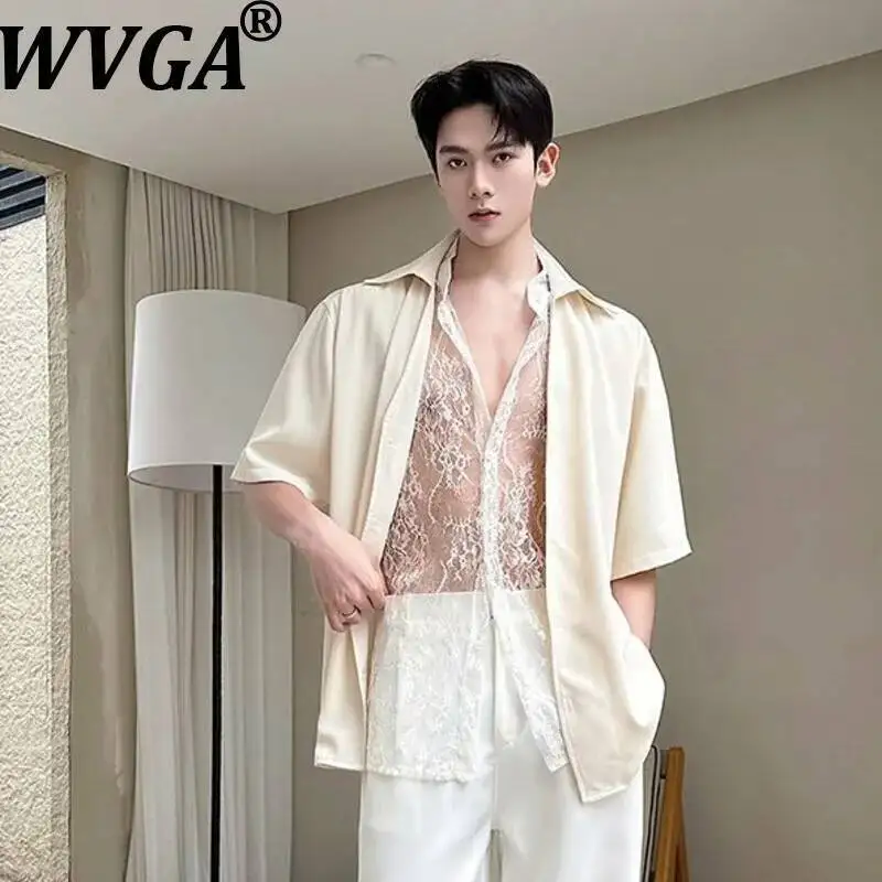 WVGA Summer New Men Trendy See-through Lace Stand-up Collar Faux Two-piece Short Sleeved Shirt Niche Chic Casual Tops Ins W24157
WVGA Summer New Men Trendy See-through Lace Stand-up Collar Faux Two-piece Short Sleeved Shirt Niche Chic Casual Tops Ins W24157