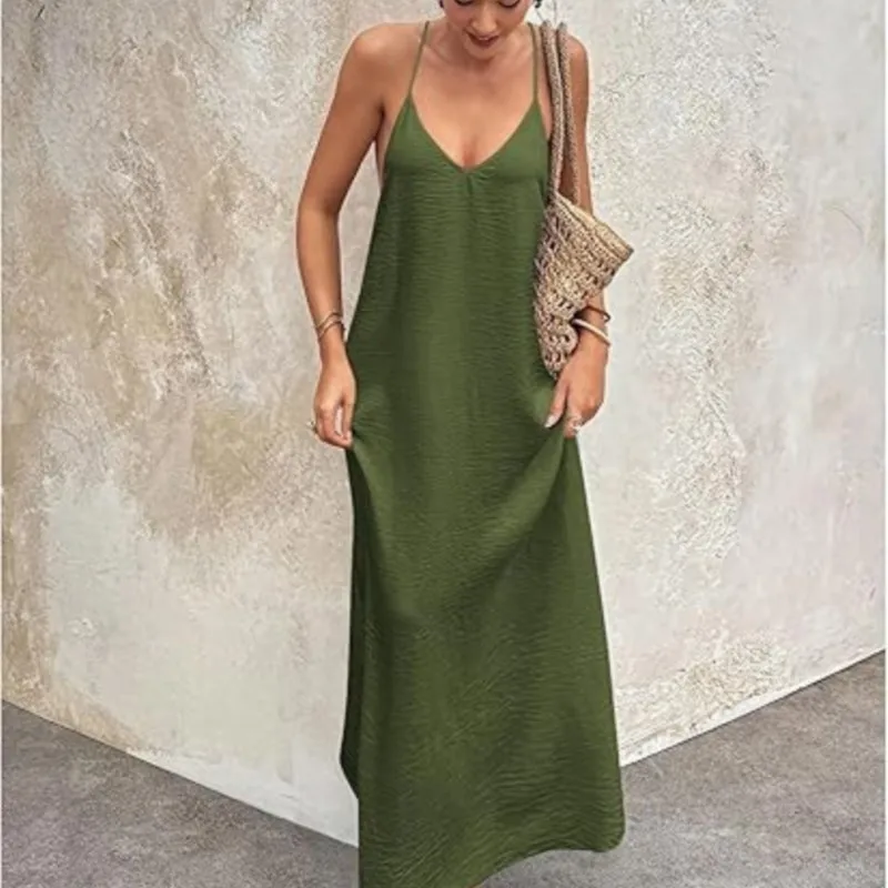 Fashion Suspension Backless Sexy V-neck Loose Dress Summer Women's New Solid Color Casual Loose Sleeveless Long Dress Boho Style
Fashion Suspension Backless Sexy V-neck Loose Dress Summer Women's New Solid Color Casual Loose Sleeveless Long Dress Boho Style