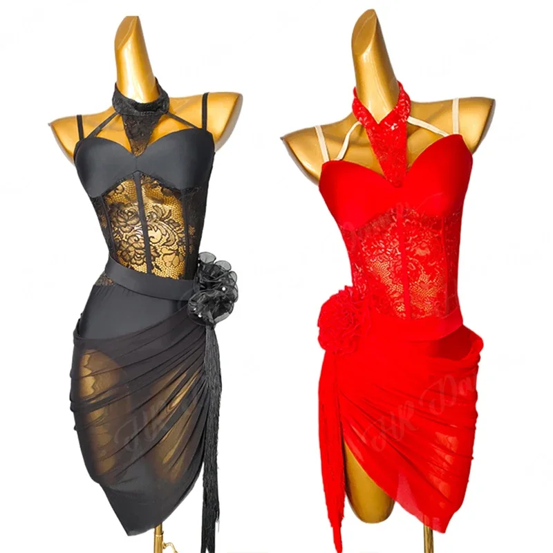 Black Red Lace Latin Dance Tops Sexy Mesh Fringe Skirt Adult Cha Cha Rumba Performance Costume Latin Competition Dress DNV21059
Black Red Lace Latin Dance Tops Sexy Mesh Fringe Skirt Adult Cha Cha Rumba Performance Costume Latin Competition Dress DNV21059