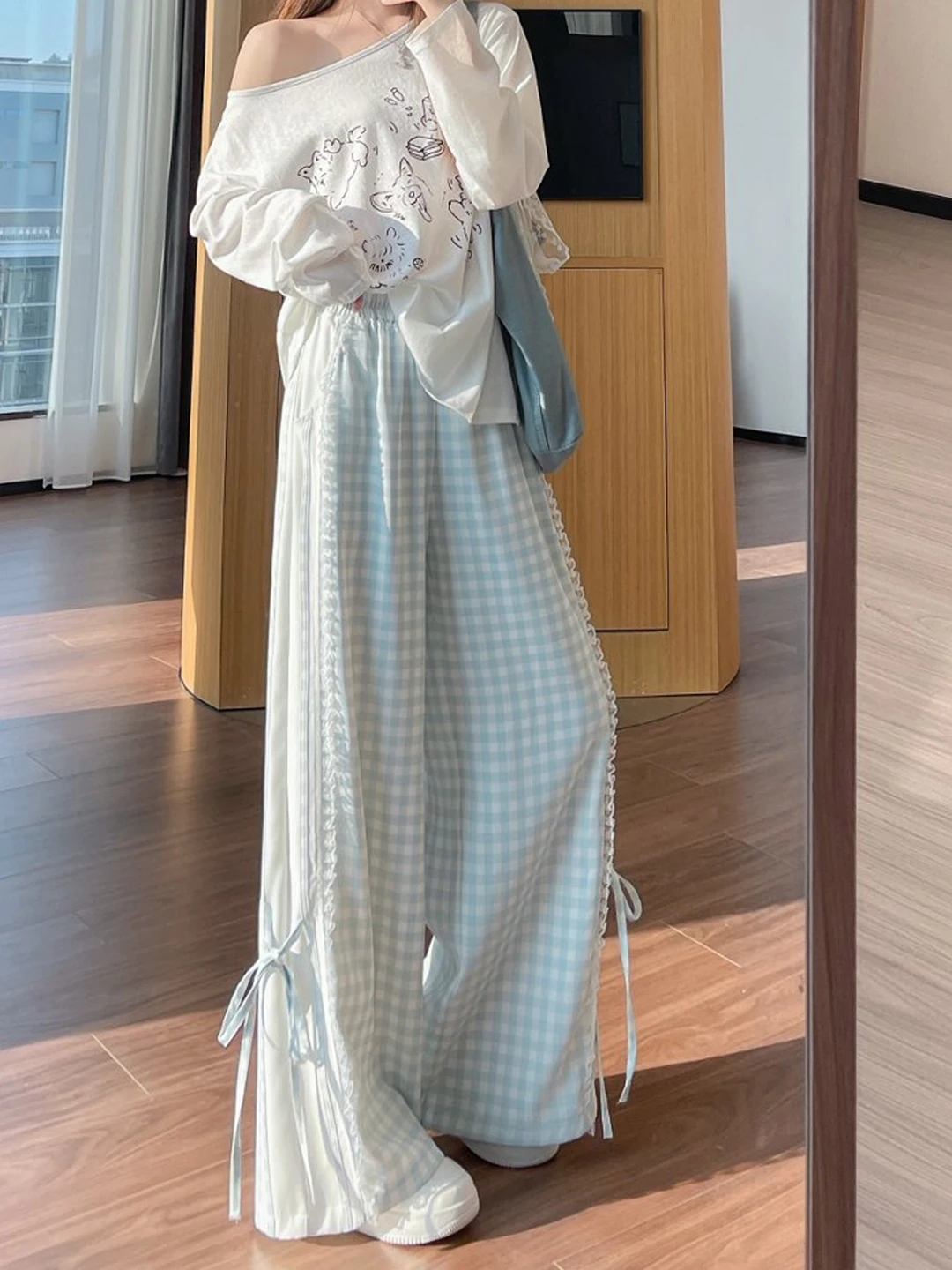 Sweet Cool Plaid Pants Women Summer Thin Lace Splicing Belted Wide Leg Pants Elastic Loose Bf Lazy Style Long Trousers
Sweet Cool Plaid Pants Women Summer Thin Lace Splicing Belted Wide Leg Pants Elastic Loose Bf Lazy Style Long Trousers