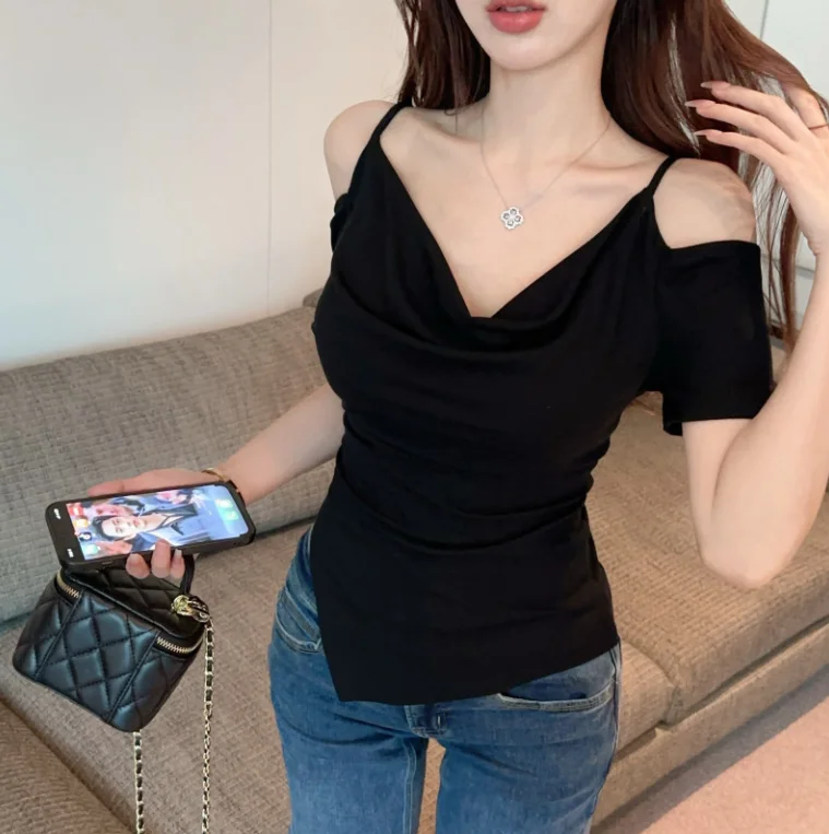 One Shoulder Camisole Swing Collar Short Sleeved Top Irregular Black T-Shirt Top Women's Summer Elegant Slim Fit T-Shirt Top
One Shoulder Camisole Swing Collar Short Sleeved Top Irregular Black T-Shirt Top Women's Summer Elegant Slim Fit T-Shirt Top
