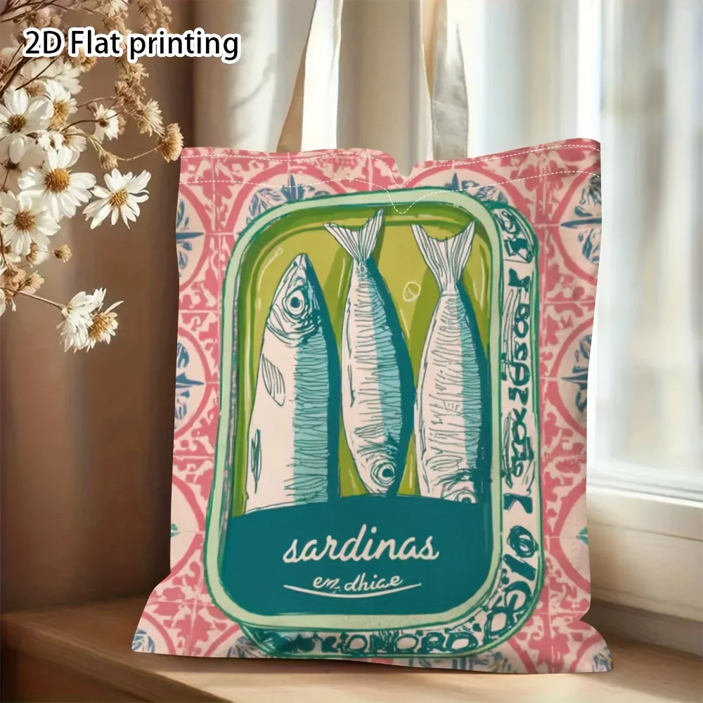 Single Unit of a Double-Sided Tote Featuring Sardines in Oil, a Sturdy Daily Carry Bag, Stylish Accessory with Vibrant Prints An
Single Unit of a Double-Sided Tote Featuring Sardines in Oil, a Sturdy Daily Carry Bag, Stylish Accessory with Vibrant Prints An