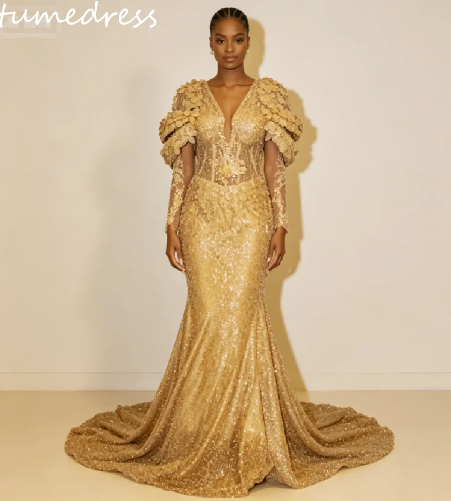 Luxury Gold Mermaid Prom Dress V-Neck 3D Petal Beaded Sequin Evening Gowns For Black Women Long Sleeve African Formal Occasion
Luxury Gold Mermaid Prom Dress V-Neck 3D Petal Beaded Sequin Evening Gowns For Black Women Long Sleeve African Formal Occasion