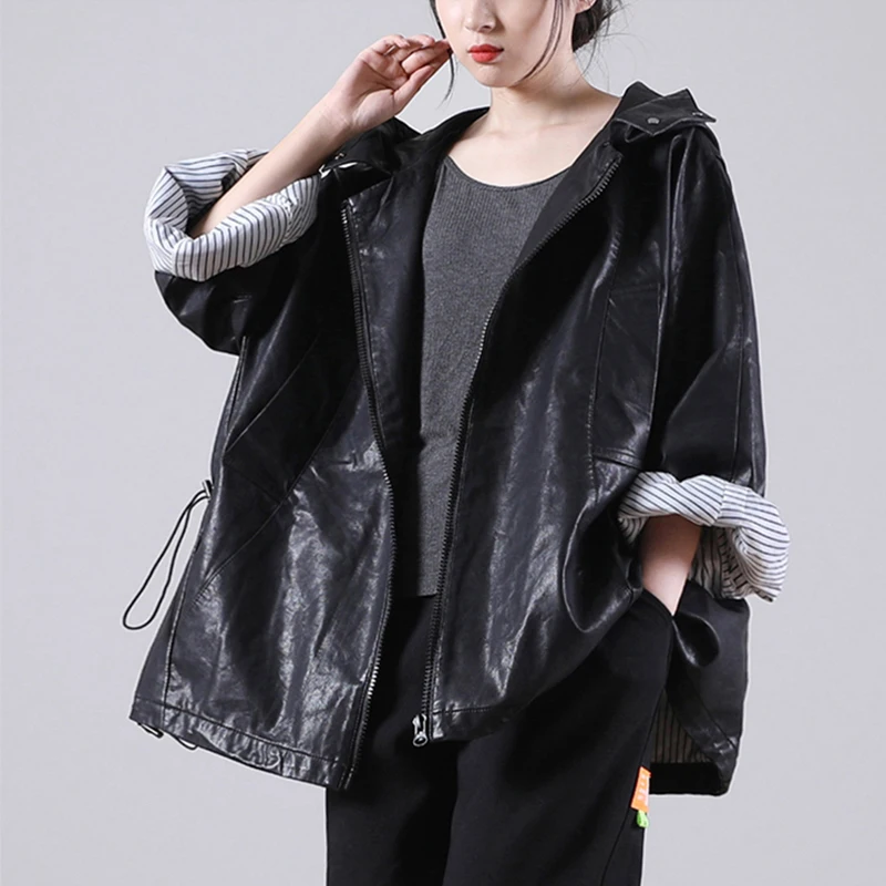 Female new autumn plus size outerwear literary waist drawstring hooded quality PU leather loose trench
Female new autumn plus size outerwear literary waist drawstring hooded quality PU leather loose trench
