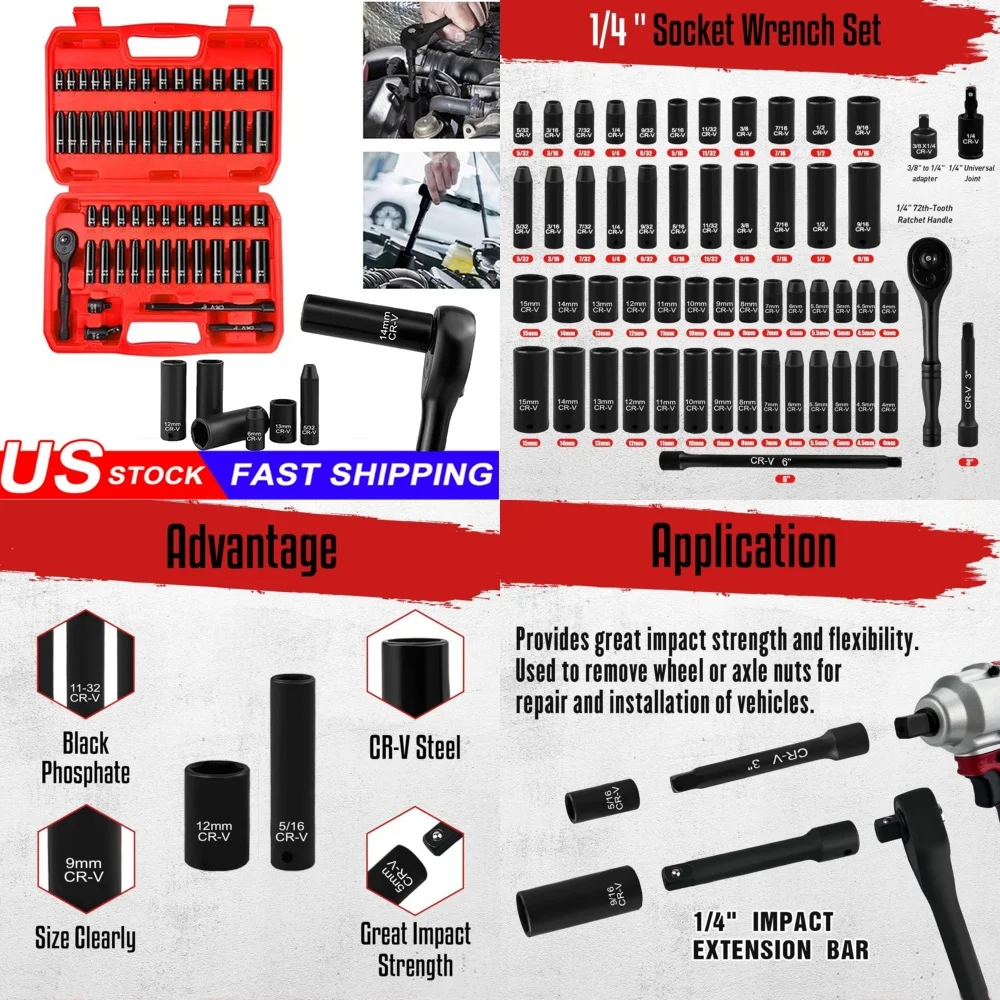 Hand Tool Sets55 Piece 1 4 Inch Drive Impact Socket Set with SAE and Metric Deep and Shallow Sockets Wrench Kit
Hand Tool Sets55 Piece 1 4 Inch Drive Impact Socket Set with SAE and Metric Deep and Shallow Sockets Wrench Kit