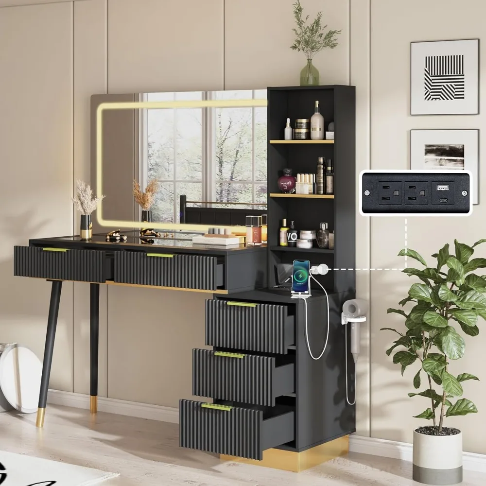 Vanity Desk with Lighted Mirror,Big Modern Makeup Vanity Table with 5 Drawers & Shelves,Dressing Table with Charging Station
Vanity Desk with Lighted Mirror,Big Modern Makeup Vanity Table with 5 Drawers & Shelves,Dressing Table with Charging Station