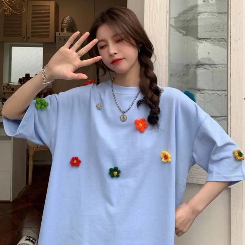 Flower short-sleeved T-shirt for women spring and summer 2024 new student Korean style loose design niche chic women clothing
Flower short-sleeved T-shirt for women spring and summer 2024 new student Korean style loose design niche chic women clothing