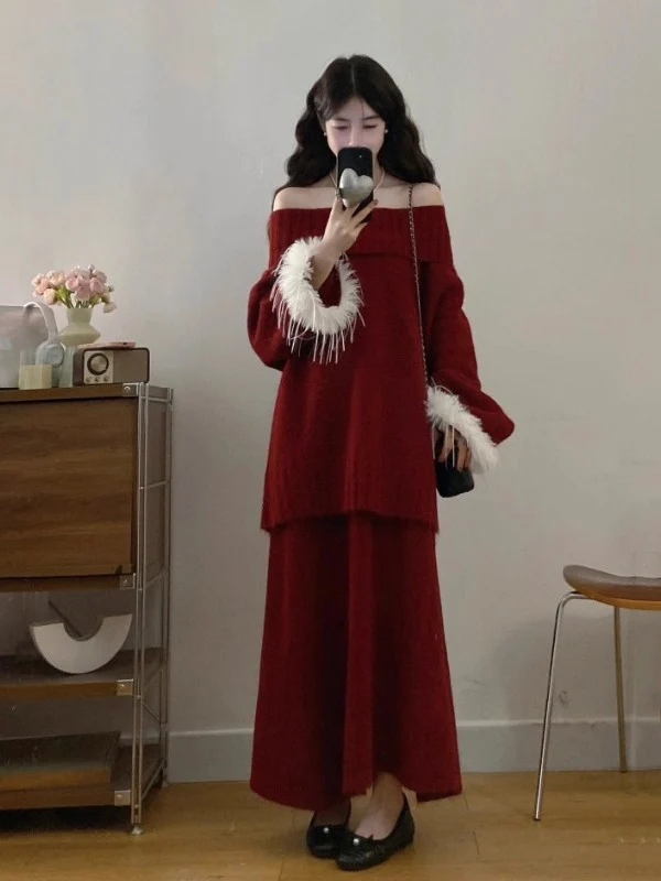 Red One-Shoulder Mink Knit Sweater And Skirt Two-Piece Set plus Size Women's Early Spring Fashion Ensemble Casual Commute Style
Red One-Shoulder Mink Knit Sweater And Skirt Two-Piece Set plus Size Women's Early Spring Fashion Ensemble Casual Commute Style