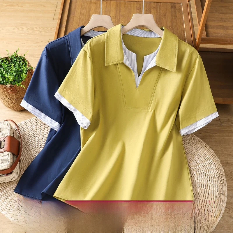 Collar Yellow Summer New Style Women's Loose Casual Cotton Linen Short Sleeve Shirt Fake Two-Piece T-Shirt
Collar Yellow Summer New Style Women's Loose Casual Cotton Linen Short Sleeve Shirt Fake Two-Piece T-Shirt