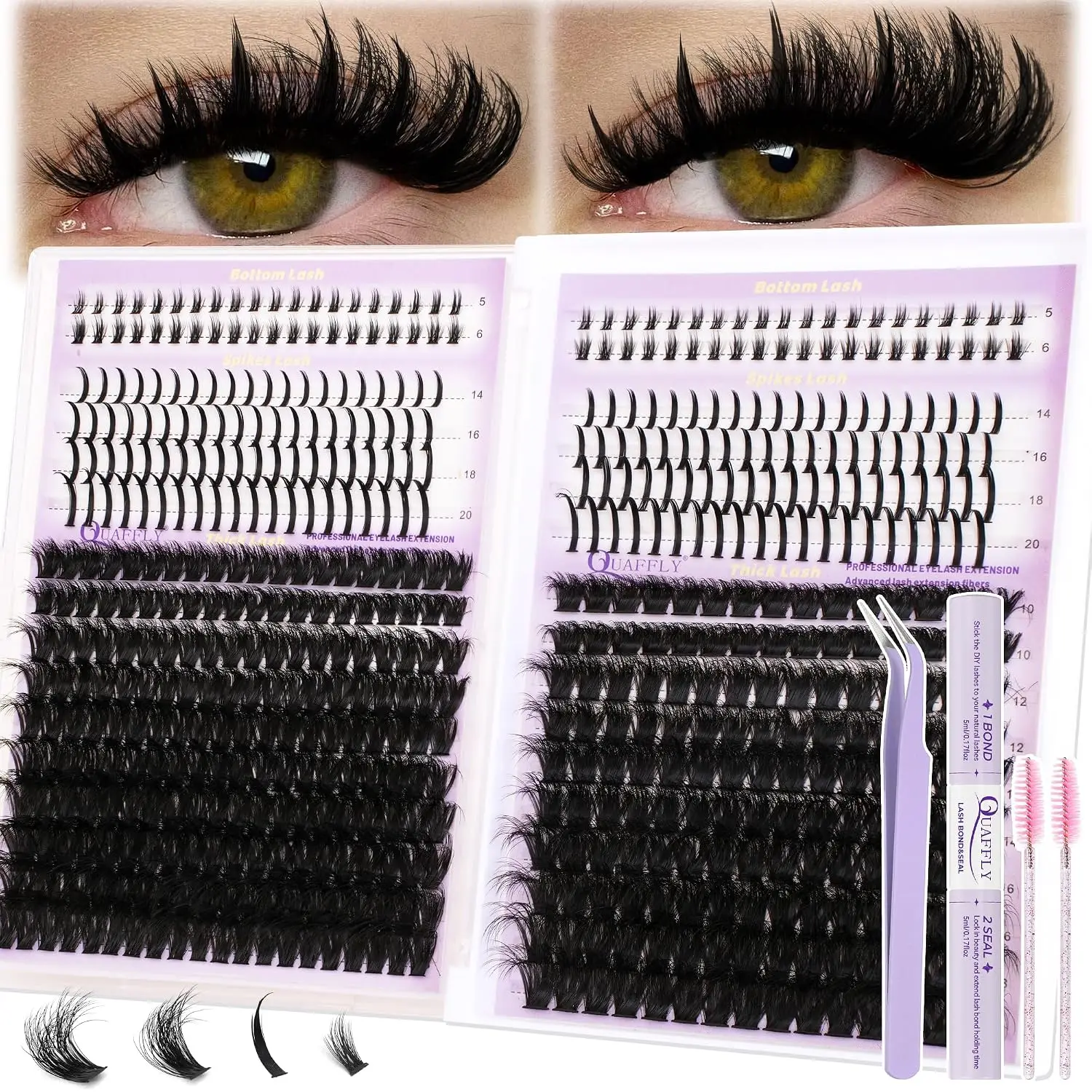 DIY Lash Extension Kit: 100D+150D Volume Clusters with Spikes, Bottom Lashes, Bond & Seal, Tweezer, Brush - Easy Apply
DIY Lash Extension Kit: 100D+150D Volume Clusters with Spikes, Bottom Lashes, Bond & Seal, Tweezer, Brush - Easy Apply
