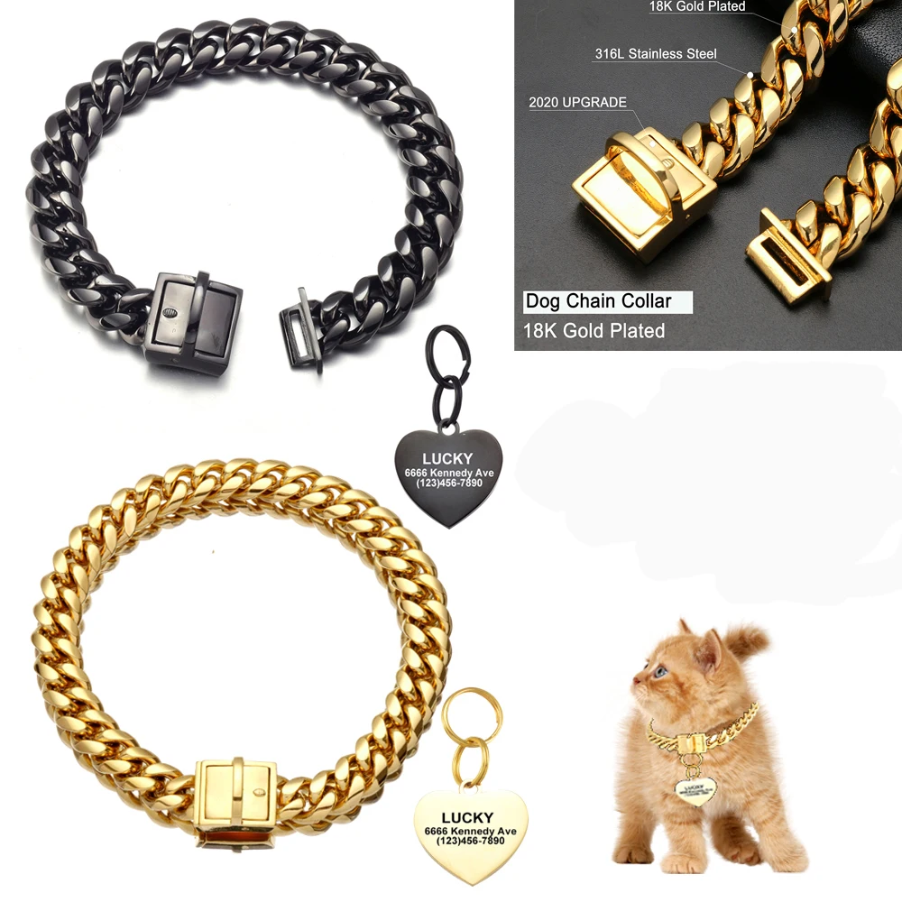 15MM Gold Color Black Color Arch Bridge Glossy Lock Stainless Steel Cuban Chain For Dogs Training Walking With Customized ID Tag
15MM Gold Color Black Color Arch Bridge Glossy Lock Stainless Steel Cuban Chain For Dogs Training Walking With Customized ID Tag