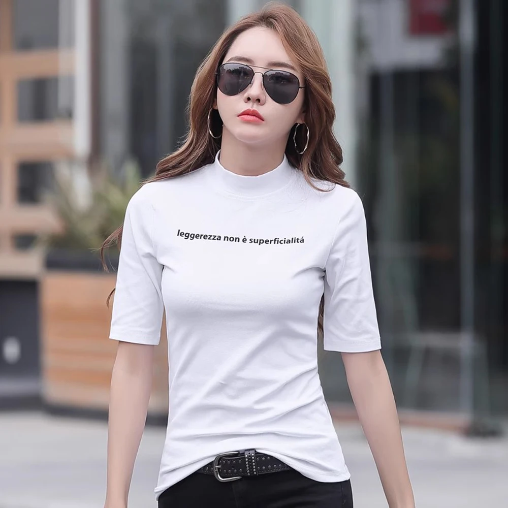 White high neck short sleeved T-shirt for women's summer new fashion plus size Korean version slim fit temperament casual top
White high neck short sleeved T-shirt for women's summer new fashion plus size Korean version slim fit temperament casual top