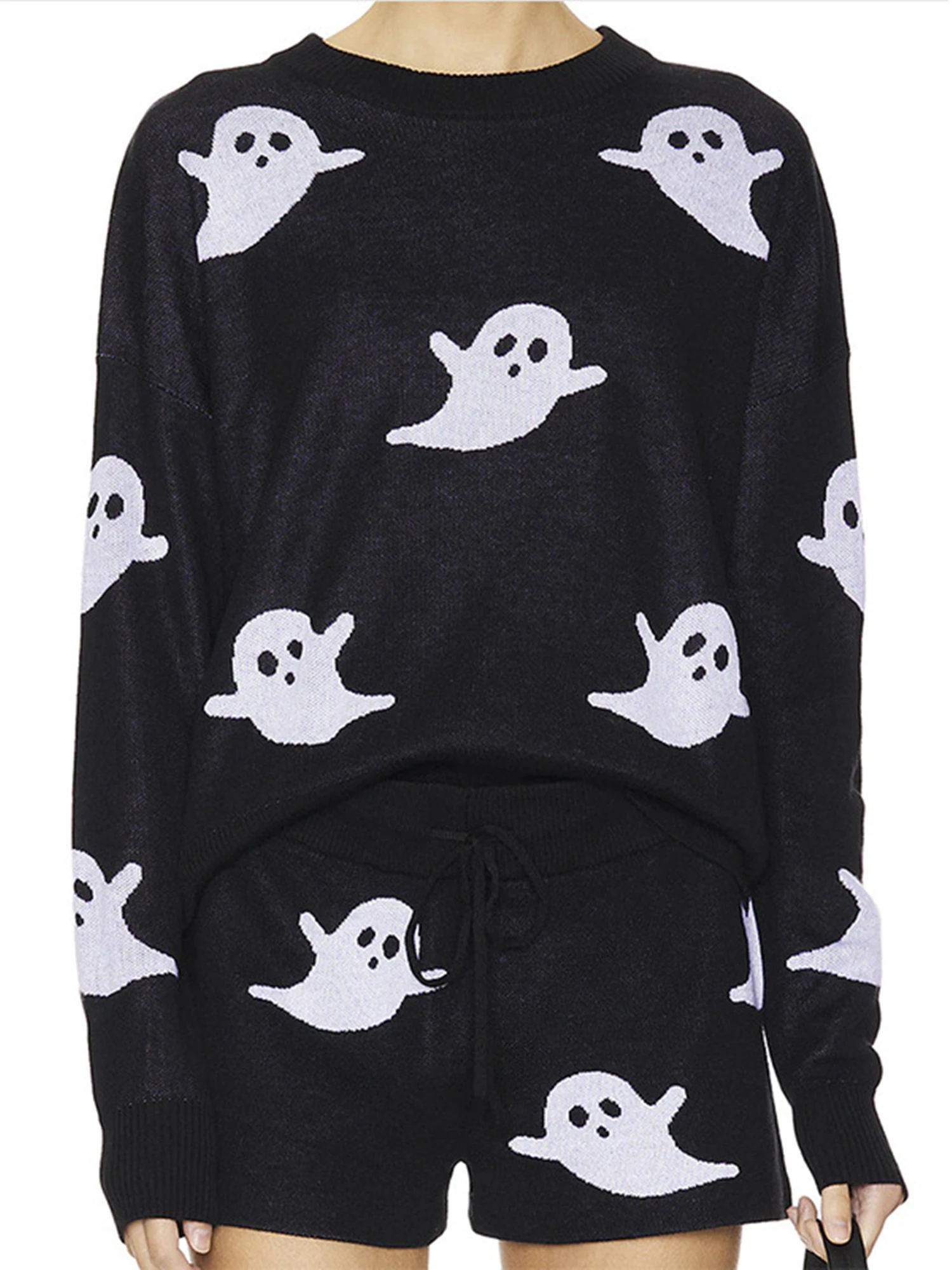 Women's Dark Tone Ghost Print Knit Sweater and Shorts Set Spooky Cute Loungewear Comfy Knitted Top & Bottom Outfit
Women's Dark Tone Ghost Print Knit Sweater and Shorts Set Spooky Cute Loungewear Comfy Knitted Top & Bottom Outfit