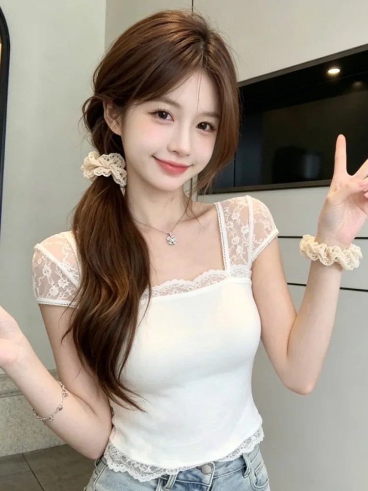 Sweet Style Lace Splice Fly Sleeve T-Shirt Women's Slim Fit Square Collar Summer Short Top Pure Desire Girl's Fashion
Sweet Style Lace Splice Fly Sleeve T-Shirt Women's Slim Fit Square Collar Summer Short Top Pure Desire Girl's Fashion