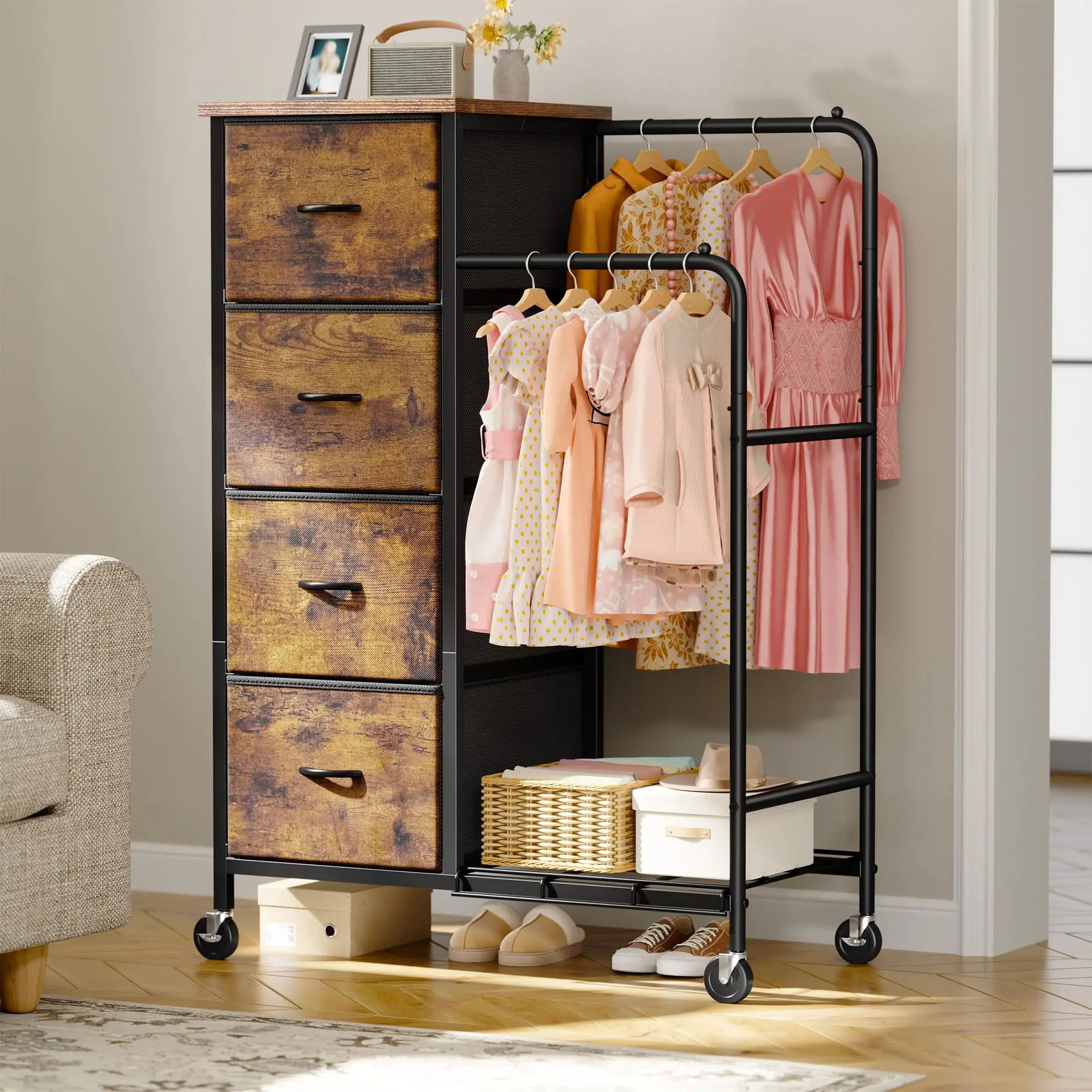 4 Drawer Dresser with Double Hanging Rods & Wheels Fabric Chest of Drawers Tall Storage Unit for Bedroom Hallway Rustic Brown
4 Drawer Dresser with Double Hanging Rods & Wheels Fabric Chest of Drawers Tall Storage Unit for Bedroom Hallway Rustic Brown