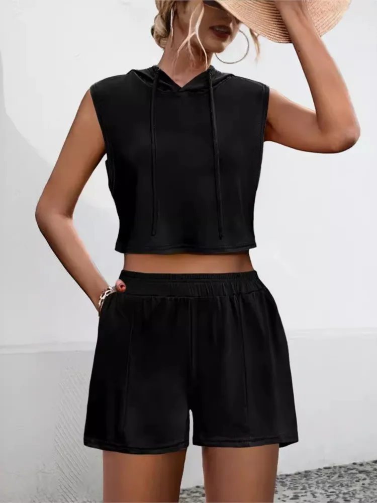 Casual Sports Set Lady Fashion Lace Up Hooded Sleeveless Pullover Tops Shorts Two Piece Sets Women Summer Womens Clothing New
Casual Sports Set Lady Fashion Lace Up Hooded Sleeveless Pullover Tops Shorts Two Piece Sets Women Summer Womens Clothing New