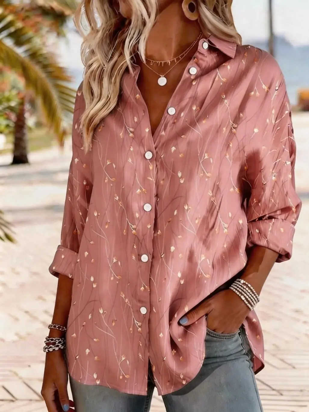 Women's Spring Summer Dusty Pink Thin Floral Branch Print Lapel Shirt, Soft Loose Casual Blouse For Beach Vacation
Women's Spring Summer Dusty Pink Thin Floral Branch Print Lapel Shirt, Soft Loose Casual Blouse For Beach Vacation