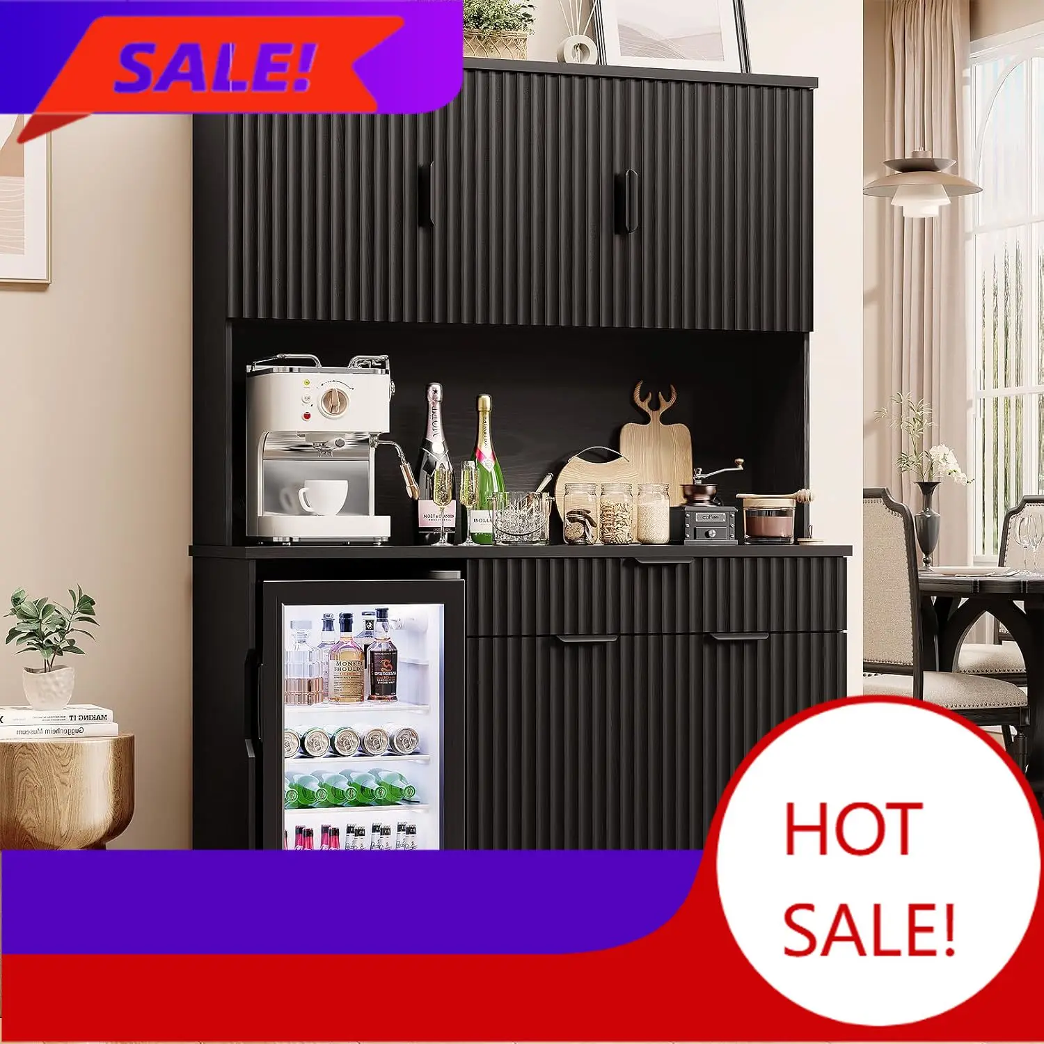 69" Kitchen Pantry with Fridge (Fridge Included), Fluted Coffee Bar Cabinet with Storage Hutch, Tall Wine Bar Cabinets with Draw
69" Kitchen Pantry with Fridge (Fridge Included), Fluted Coffee Bar Cabinet with Storage Hutch, Tall Wine Bar Cabinets with Draw