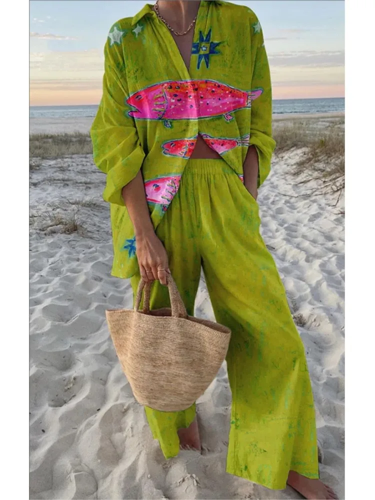 Fashion Printed Shirts Sets 2025 Spring Summer Long Sleeve Shirts + Wide Leg Long Pants 2 Pieces Outfits Female Casual Clothing
Fashion Printed Shirts Sets 2025 Spring Summer Long Sleeve Shirts + Wide Leg Long Pants 2 Pieces Outfits Female Casual Clothing