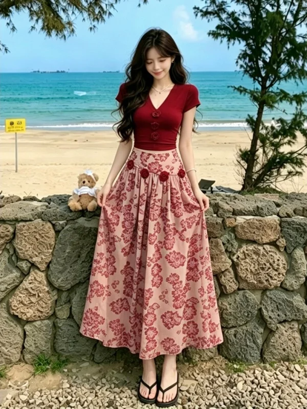 Summer Slimming Floral Print Two-Piece Set Women's Fashion Top And High Waist Skirt Ensemble Polyester Fiber V-Neck Short Sleeve
Summer Slimming Floral Print Two-Piece Set Women's Fashion Top And High Waist Skirt Ensemble Polyester Fiber V-Neck Short Sleeve