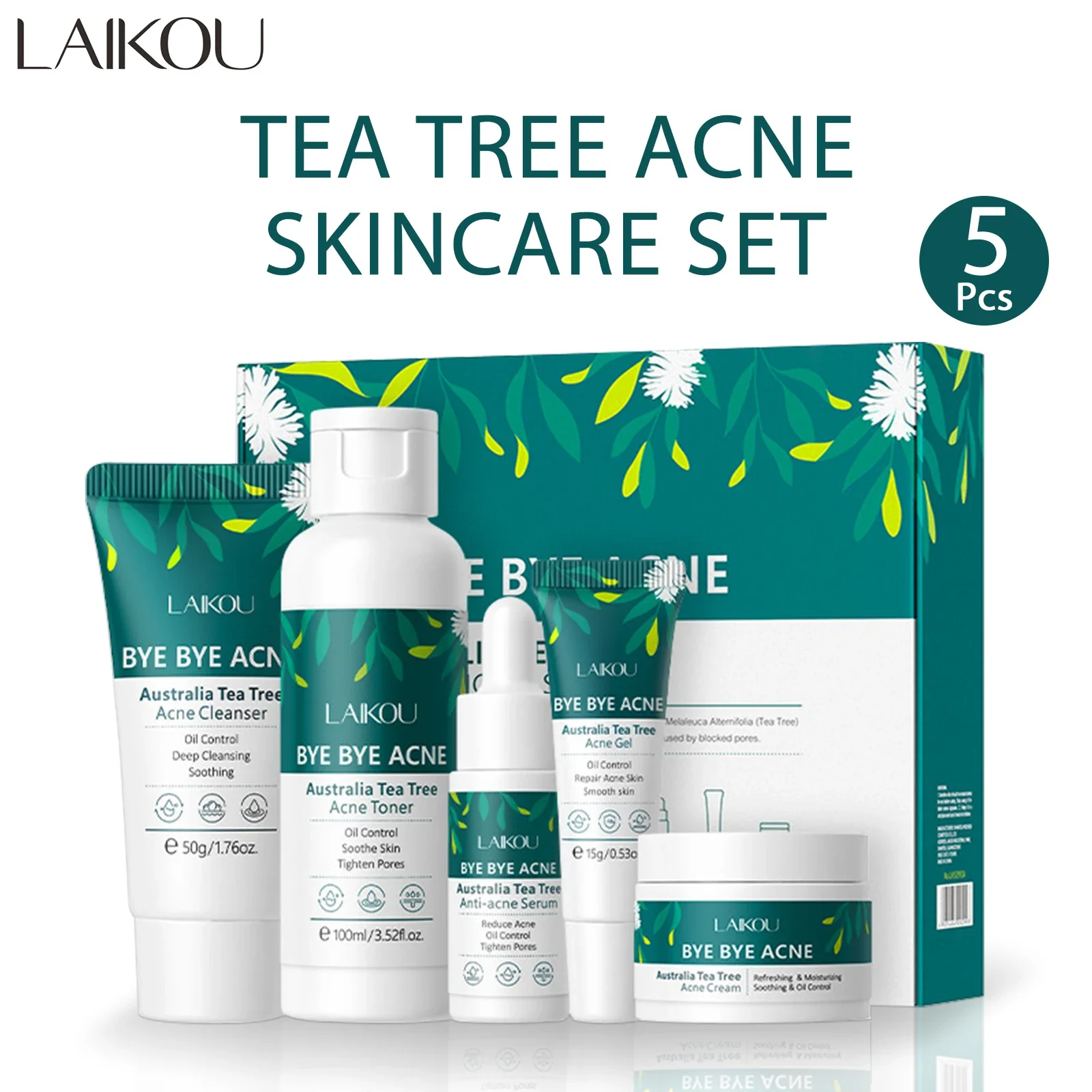 LAIKOU Acne Care Skincare Set - Tea Tree Oil Control 5-Piece Kit with Facial Cleanser, Moisturizer, Cream, Serum & Toner for Oil
LAIKOU Acne Care Skincare Set - Tea Tree Oil Control 5-Piece Kit with Facial Cleanser, Moisturizer, Cream, Serum & Toner for Oil
