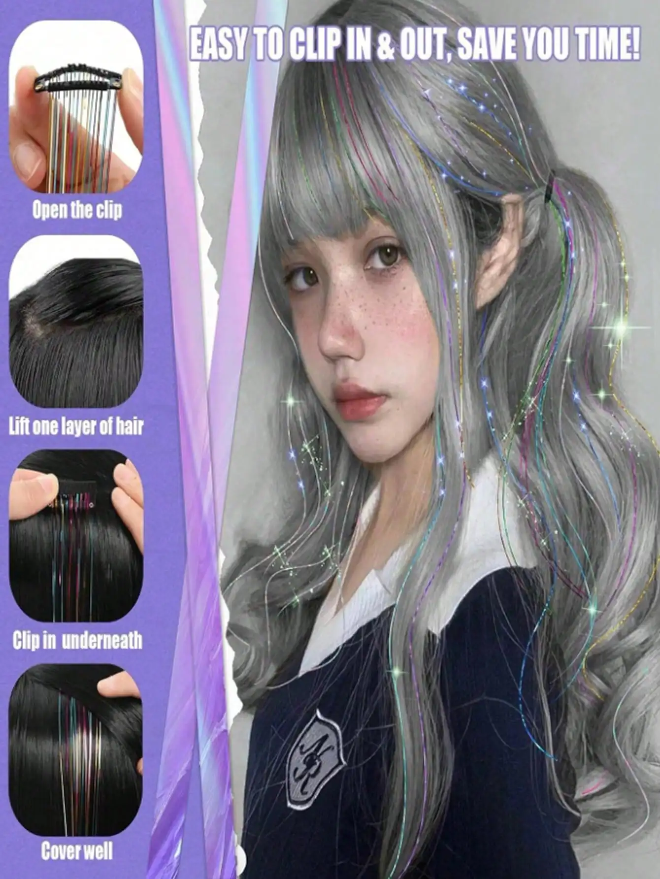 Beautiful colored wig pieces, laser gold thread hair, rainbow sparkling gold and silver wire BB clip single card wig piece Christmas gift
Beautiful colored wig pieces, laser gold thread hair, rainbow sparkling gold and silver wire BB clip single card wig piece Christmas gift