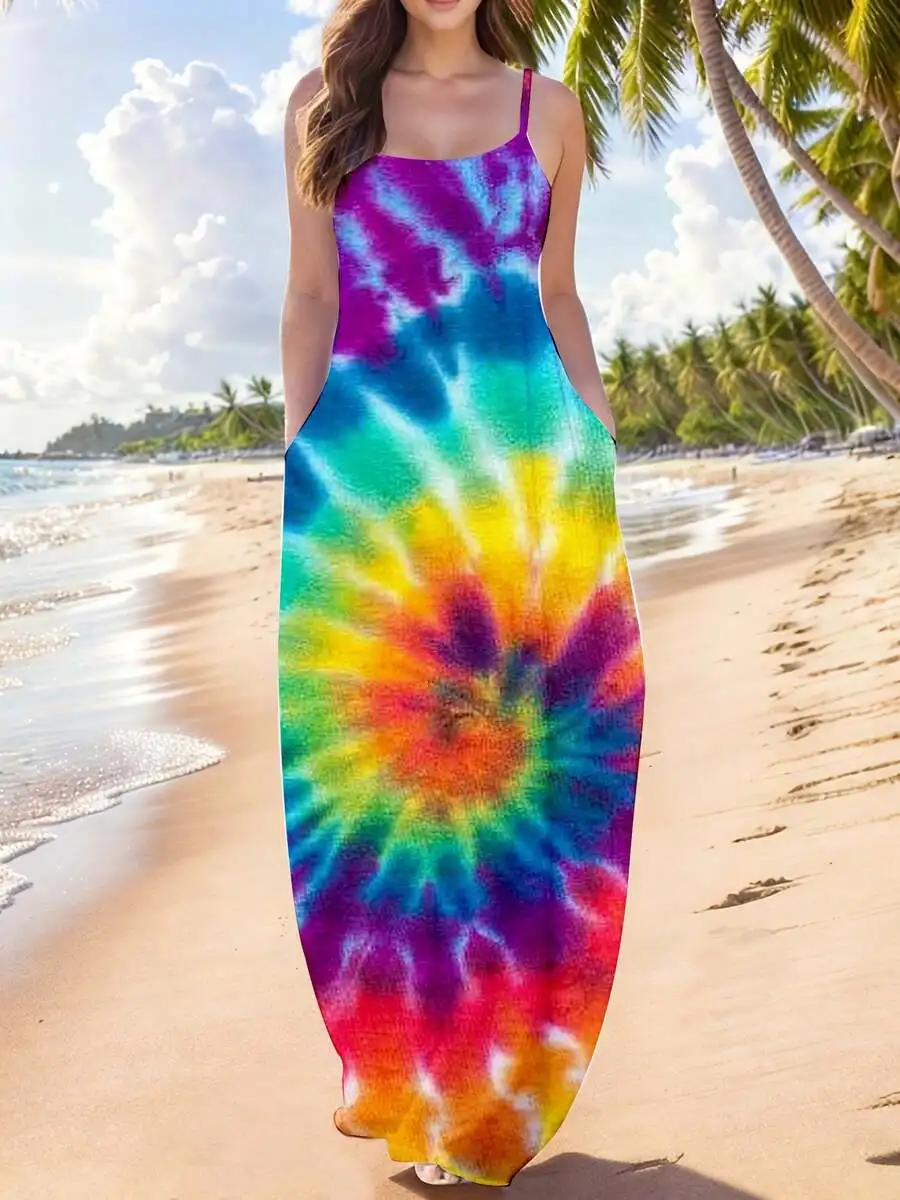 Women Spaghetti Strap Long Tie Dye Dress With Pockets Rainbow Beach Casual Summer Wear
Women Spaghetti Strap Long Tie Dye Dress With Pockets Rainbow Beach Casual Summer Wear