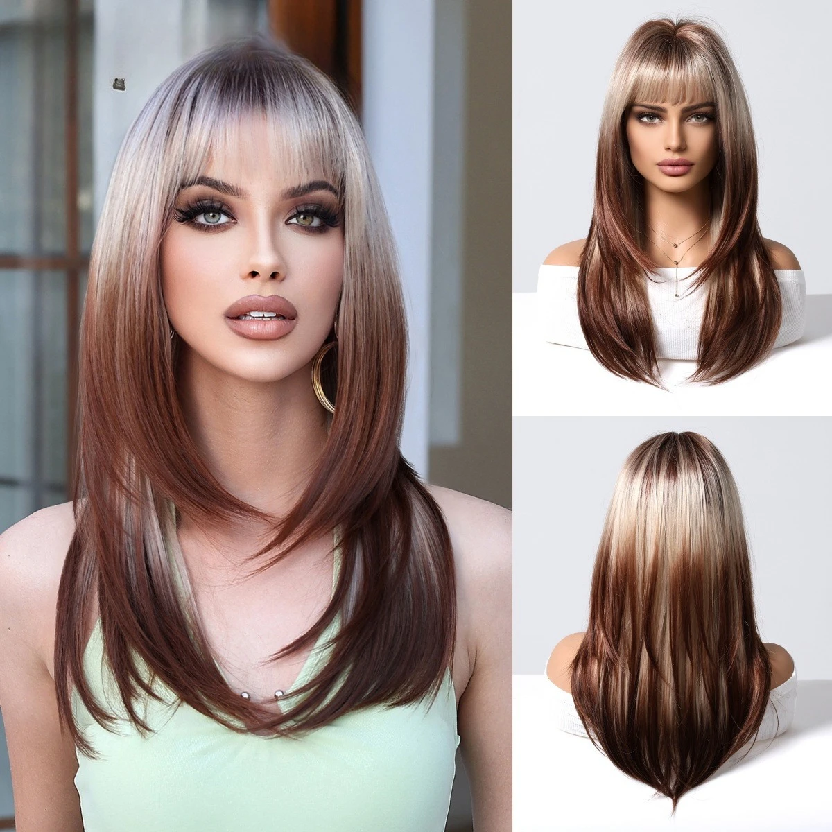 Hot sale European and American wigs gradual change color mixing gold brown air bangs layer long straight hair wig high temperatu
Hot sale European and American wigs gradual change color mixing gold brown air bangs layer long straight hair wig high temperatu