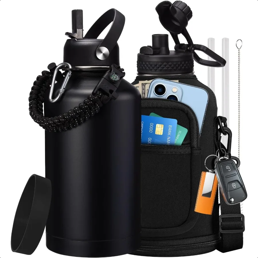 64 oz Insulated Water Bottle with Straw Auto Spout Lids Paracord Handle Half Gallon Waterbottle Strap Carrier Protective Boot W 
64 oz Insulated Water Bottle with Straw Auto Spout Lids Paracord Handle Half Gallon Waterbottle Strap Carrier Protective Boot W