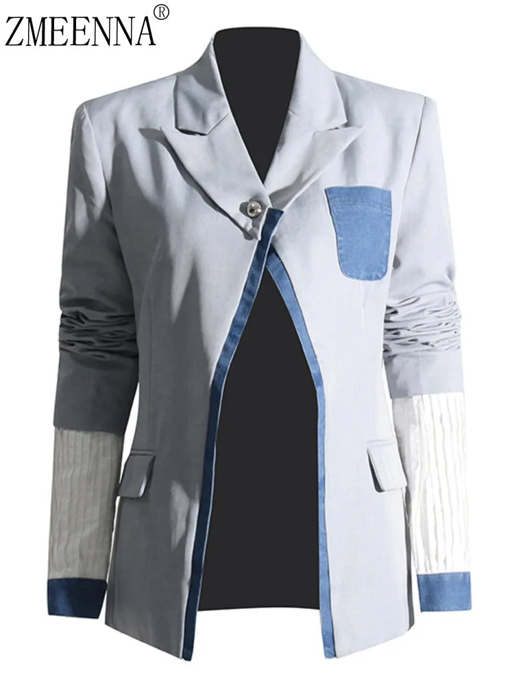 ZMEENNA Gray Contrast Panel Blazer For Women With Blue Denim And White Fabric Detail Single Button Closure Jacket ZM4069
ZMEENNA Gray Contrast Panel Blazer For Women With Blue Denim And White Fabric Detail Single Button Closure Jacket ZM4069