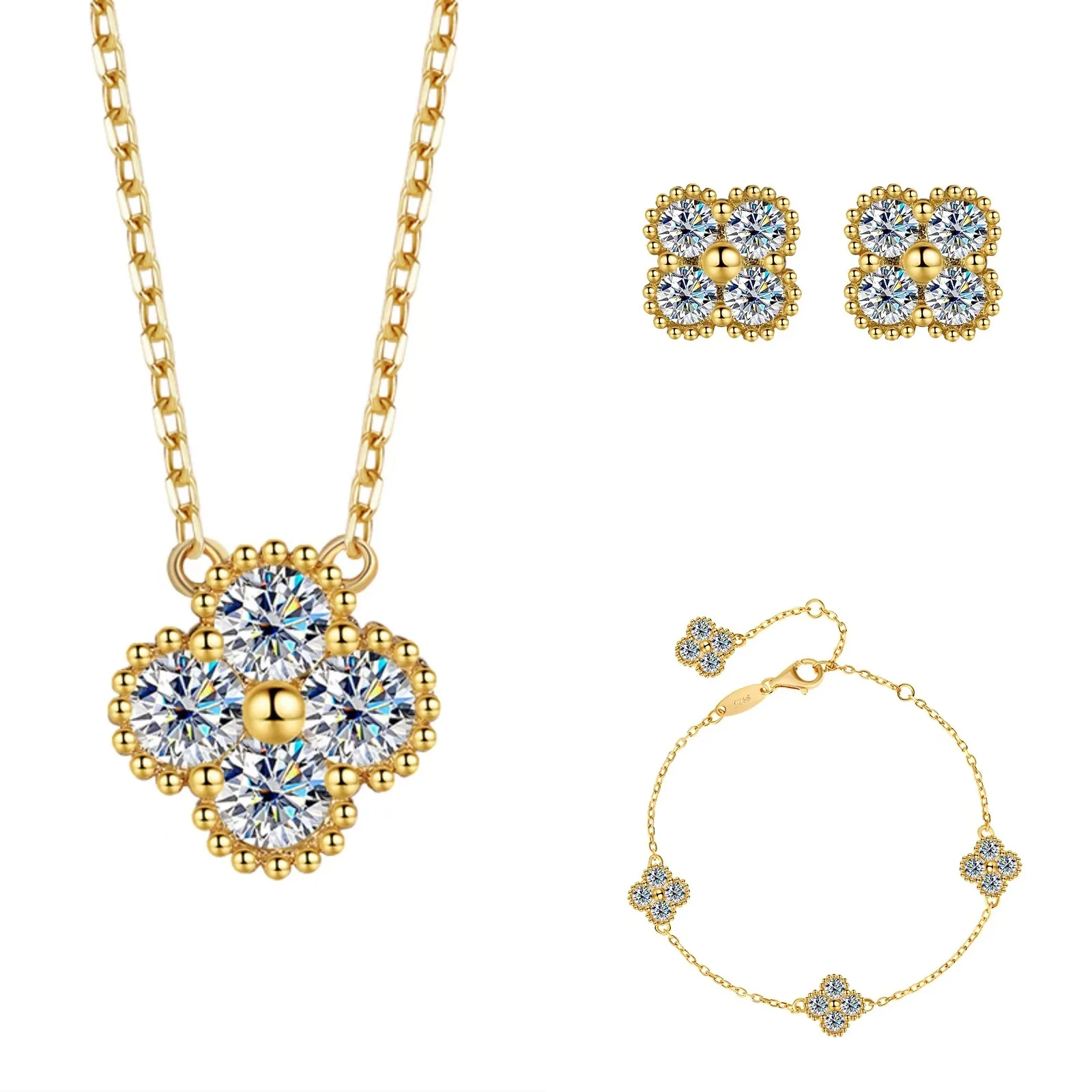 S925 Silver 18K Gold Plated D Color Classic Four Leaf Clover Moissanite Jewelry Set Earrings Necklace Bracelet
S925 Silver 18K Gold Plated D Color Classic Four Leaf Clover Moissanite Jewelry Set Earrings Necklace Bracelet