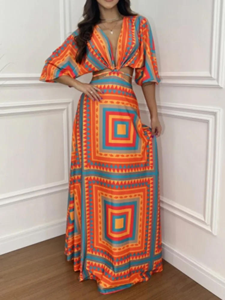 Women's Sexy Deep V Neck Hollow Out Dresses Casual Loose Hem Beach Boho Dress Vintage Print Summer Short Sleeve Long Vestidos
Women's Sexy Deep V Neck Hollow Out Dresses Casual Loose Hem Beach Boho Dress Vintage Print Summer Short Sleeve Long Vestidos