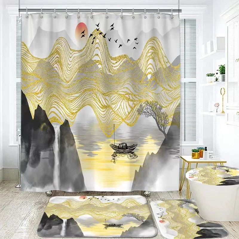 Пейзаж, чернила, бамбуковая живопись, занавески для душа, аксессуары для ванной комнаты в китайском стиле, водонепроницаемые занавески для ванной, коврики, набор ковриков 
Пейзаж, чернила, бамбуковая живопись, занавески для душа, аксессуары для ванной комнаты в китайском стиле, водонепроницаемые занавески для ванной, коврики, набор ковриков