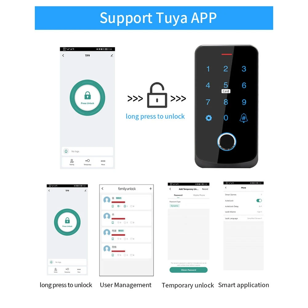 Tuya APP Access Control Keyboard Bluetooth Remote Control RFID IC M1 Card Fingerprint Access Keypad TF9-Tuya
Tuya APP Access Control Keyboard Bluetooth Remote Control RFID IC M1 Card Fingerprint Access Keypad TF9-Tuya
