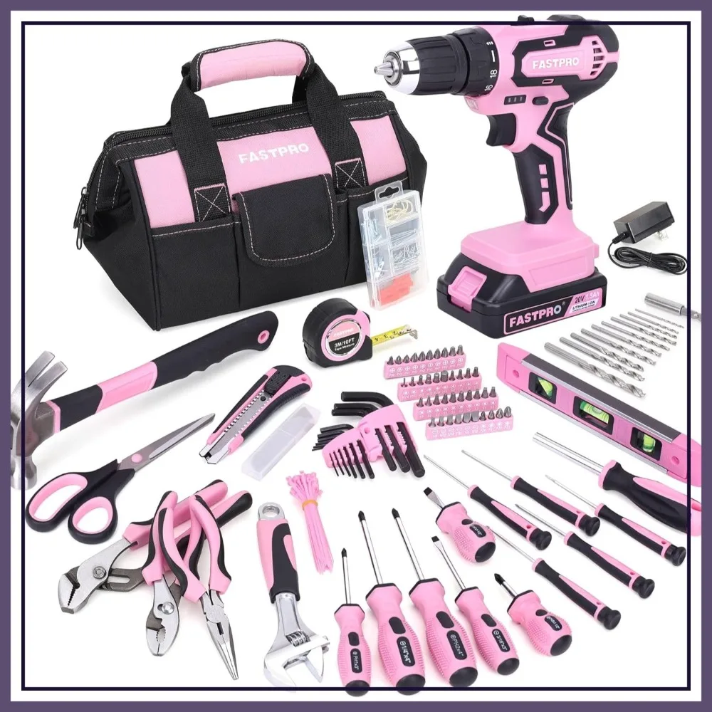 232-Piece Pink Tool Set with 20V Cordless Drill Driver, Home Repair Kit for Women, 12-Inch Storage Bag
232-Piece Pink Tool Set with 20V Cordless Drill Driver, Home Repair Kit for Women, 12-Inch Storage Bag