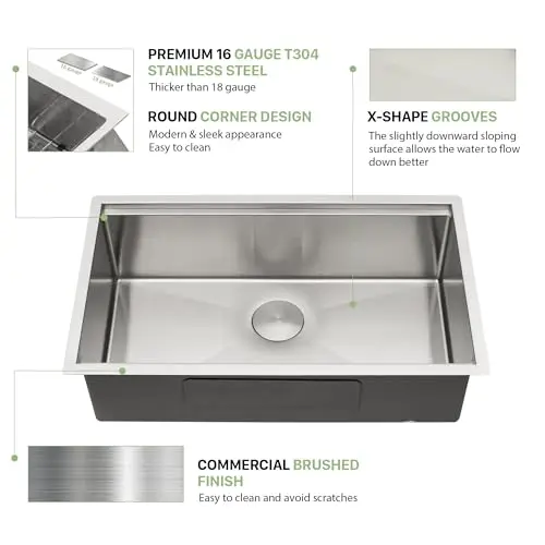33 Inch Undermount Single Basin 16 Gauge T304 Stainless Steel Sink With Round Corners, X-Shape Grooves And Brushed Finish
33 Inch Undermount Single Basin 16 Gauge T304 Stainless Steel Sink With Round Corners, X-Shape Grooves And Brushed Finish