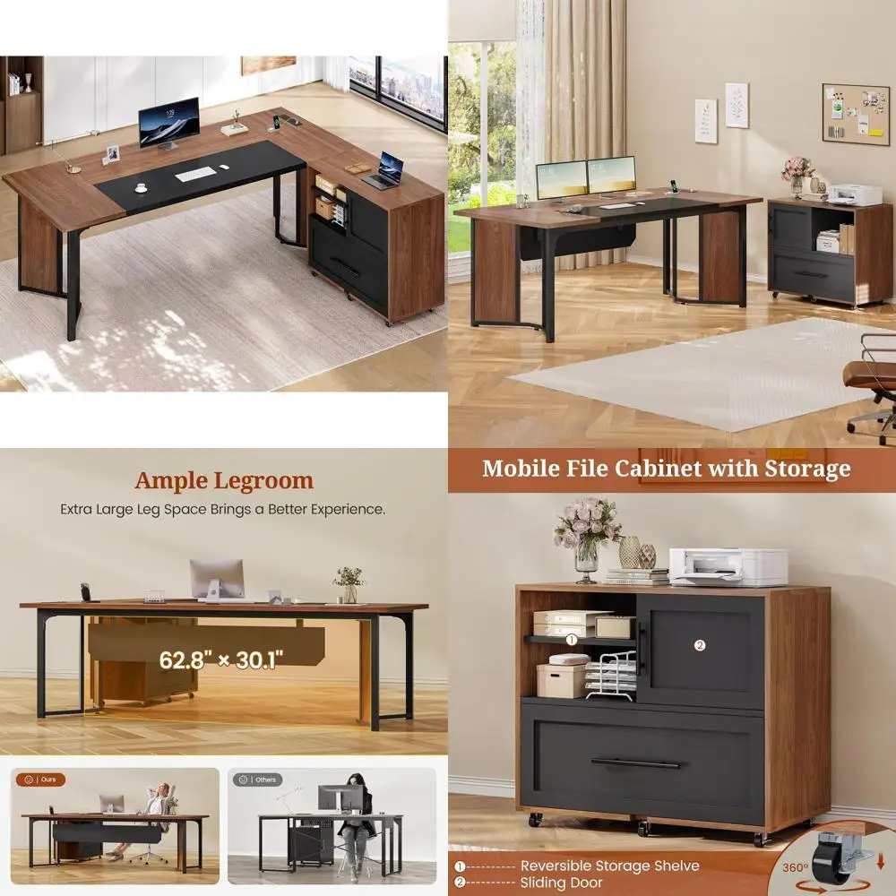 Large Walnut L-Shaped Desk with Mobile Cabinet, Storage Shelves and Power Outlets for Executive Office Workstation.
Large Walnut L-Shaped Desk with Mobile Cabinet, Storage Shelves and Power Outlets for Executive Office Workstation.