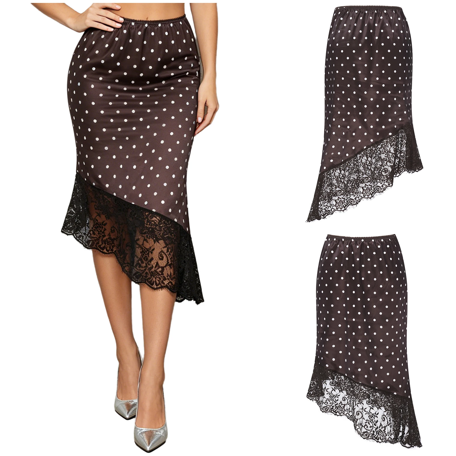 Women Elegant Satin Skirt Polka Dot Print Irregular Hem with Sheer Floral Lace Trim Midi Skirt for Office Work Cocktails
Women Elegant Satin Skirt Polka Dot Print Irregular Hem with Sheer Floral Lace Trim Midi Skirt for Office Work Cocktails