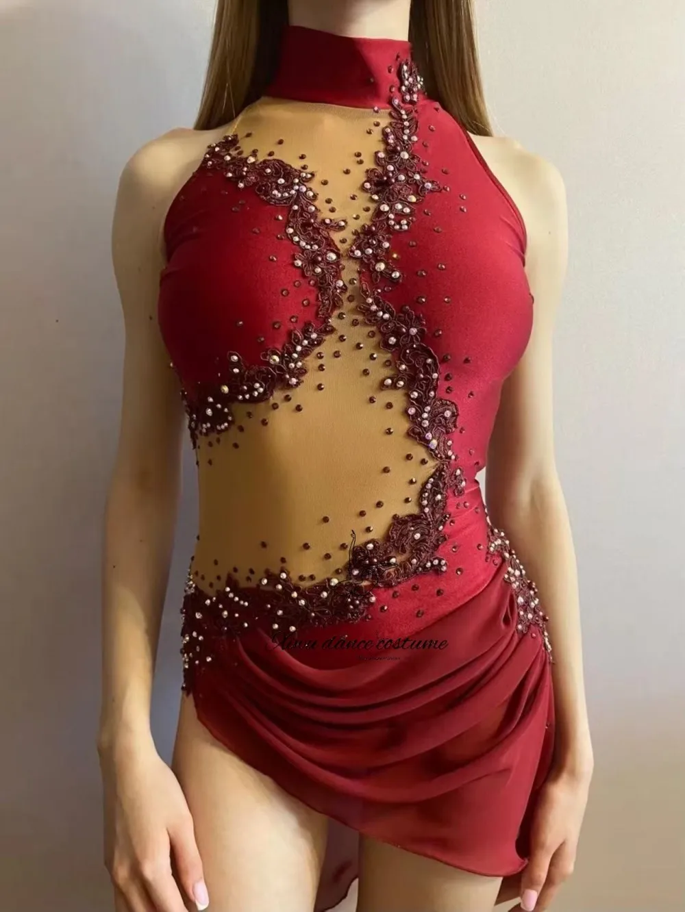 Burgundy Asymmetrical Cutout Dance Costume with Rhinestone Embellishment
Burgundy Asymmetrical Cutout Dance Costume with Rhinestone Embellishment