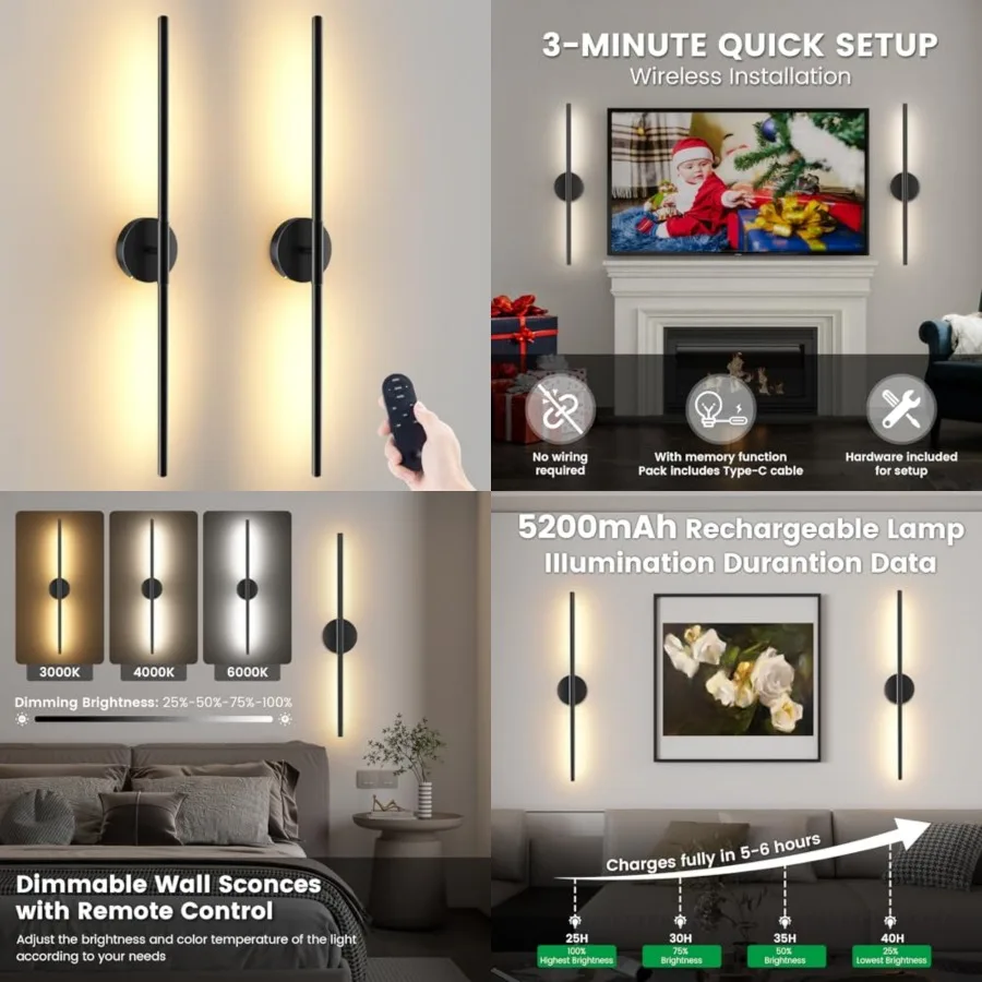Battery Operated Wall Sconces Set of 2, 360°Rotation Wireless Rechargeable Wall Lights: Dimmable Detachable Wall Lamp with Remo
Battery Operated Wall Sconces Set of 2, 360°Rotation Wireless Rechargeable Wall Lights: Dimmable Detachable Wall Lamp with Remo
