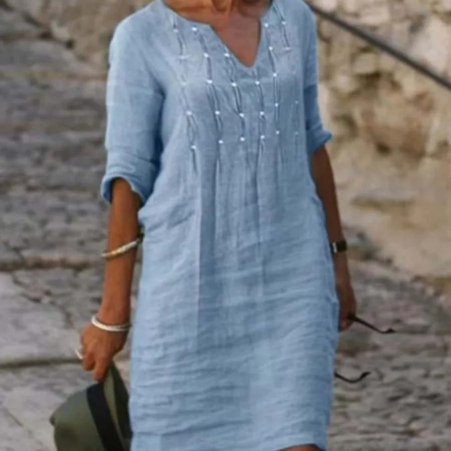【New style】European and American pop-up autumn cotton linen small V-collar splicing retro solid bead folding seven-sleeve dress
【New style】European and American pop-up autumn cotton linen small V-collar splicing retro solid bead folding seven-sleeve dress