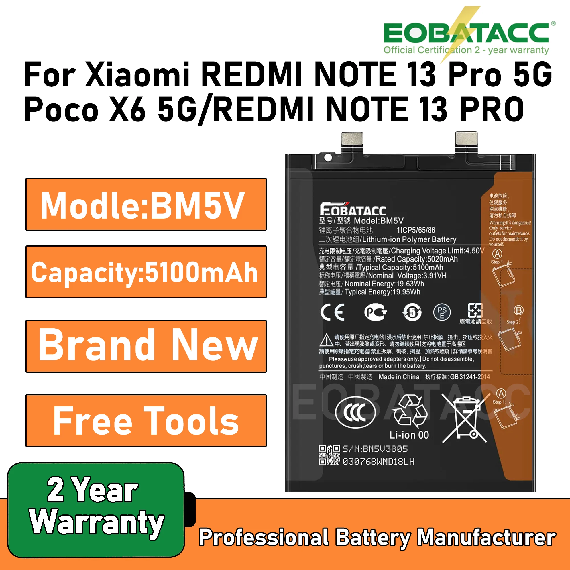 2025 Years EOBATACC New 100% Original Battery BM5V For REDMI NOTE 13 Pro/Poco X6 5G/REDMI NOTE 13 PRO 5G Batteries + Tools
2025 Years EOBATACC New 100% Original Battery BM5V For REDMI NOTE 13 Pro/Poco X6 5G/REDMI NOTE 13 PRO 5G Batteries + Tools