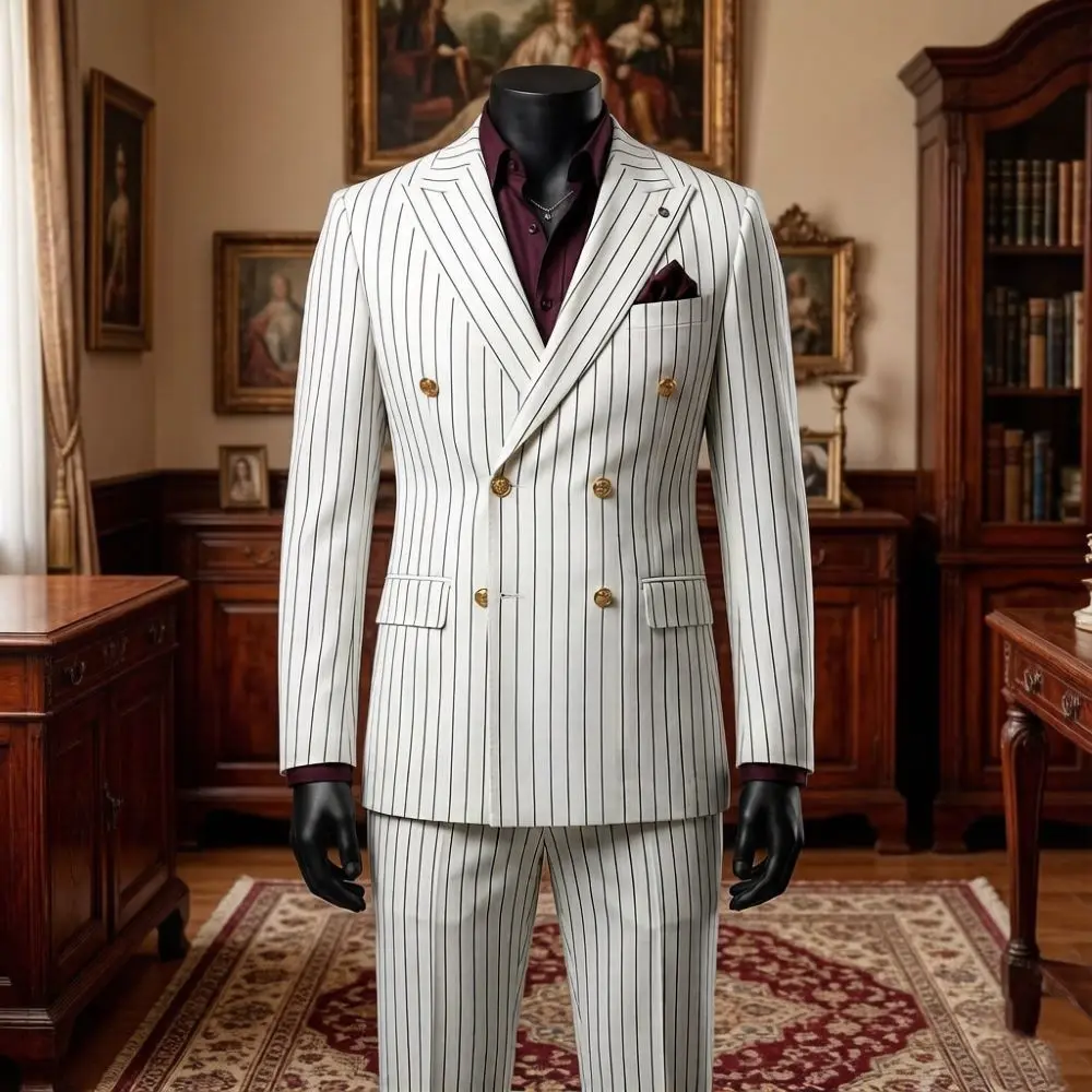 Men White Stripe Double Breasted Suits 2 Piece Wedding Tuxedo Peak Lapel Gold Buttons Retro Formal Blazer Pants Groom Prom Party
Men White Stripe Double Breasted Suits 2 Piece Wedding Tuxedo Peak Lapel Gold Buttons Retro Formal Blazer Pants Groom Prom Party