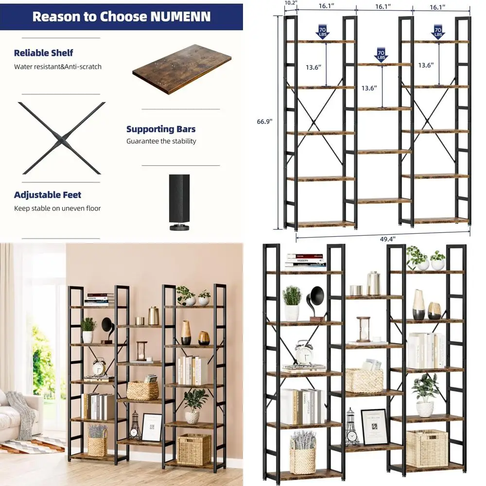 5-Tier Triple Column Bookshelf, 14-shelf Rustic Industrial Bookcase, Adjustable Vintage Display Shelves for Home & Office
5-Tier Triple Column Bookshelf, 14-shelf Rustic Industrial Bookcase, Adjustable Vintage Display Shelves for Home & Office