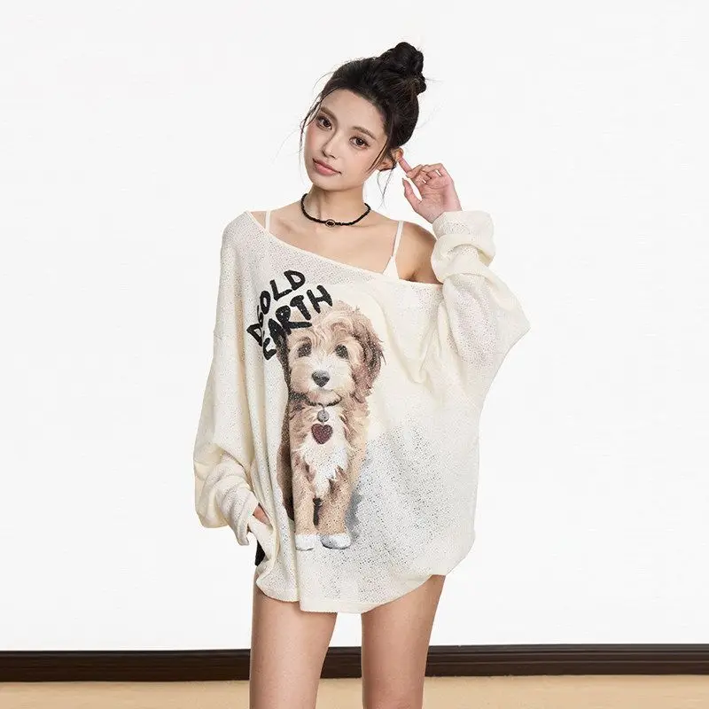 Sweet Loose Goth Off-the-shoulder Long-sleeve T-shirt Women Dog Print Summer Sun Protection Cover-up Top Design Vintage Shirts
Sweet Loose Goth Off-the-shoulder Long-sleeve T-shirt Women Dog Print Summer Sun Protection Cover-up Top Design Vintage Shirts