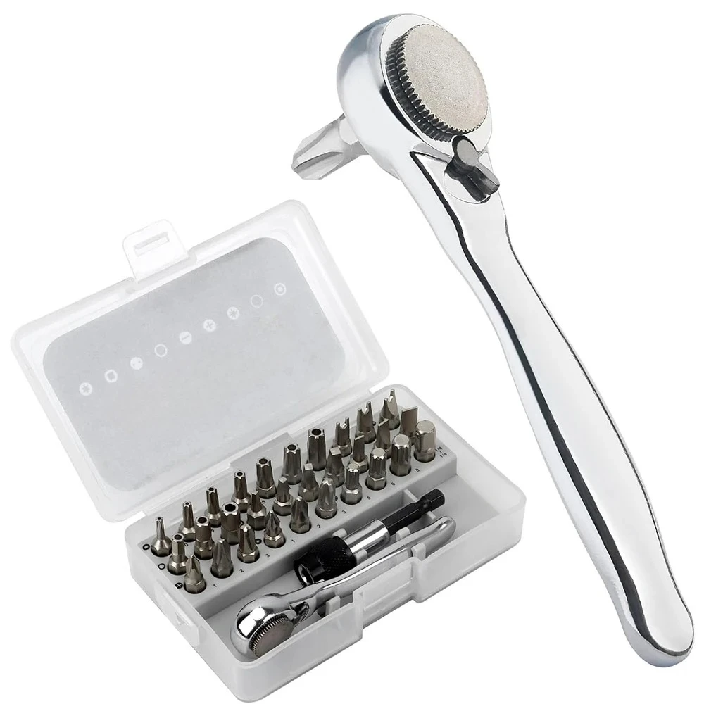 28/32 in 1 Mini Ratchet Wrench Set with Right Angle Offset 1/4" 72 Tooth Screwdriver Handle Magnetic Torx Bit for Tight Spaces
28/32 in 1 Mini Ratchet Wrench Set with Right Angle Offset 1/4" 72 Tooth Screwdriver Handle Magnetic Torx Bit for Tight Spaces